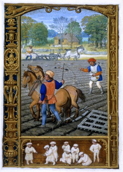 September: Pflügen und Säen, aus einem Stundenbuch, oder dem Golfbuch, um 1520-30 von Simon (workshop of) Bening