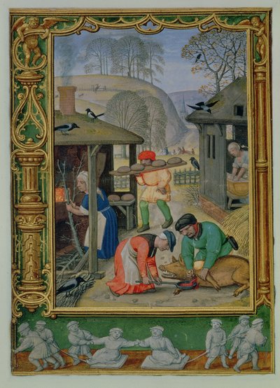 Dezember: Zubereitung von Lebensmitteln für den Winter, Brotbacken und Schweineschlachten, aus einem Stundenbuch, oder dem Golfbuch, ca. 1520-30 von Simon (workshop of) Bening