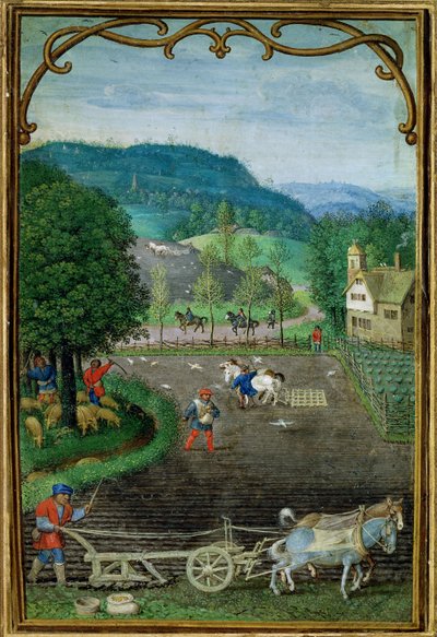 Add 18855 Oktober: Pflügen und Säen, aus einem Stundenbuch, ca. 1540 von Simon Bening