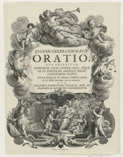 Minerva krönt einen jungen Mann mit einer Urkunde Titelblatt für: J.G. Slegt, Oratio, qua adseritur, Nimrodum falso patrem Nini (...), 1747 von Simon Fokke