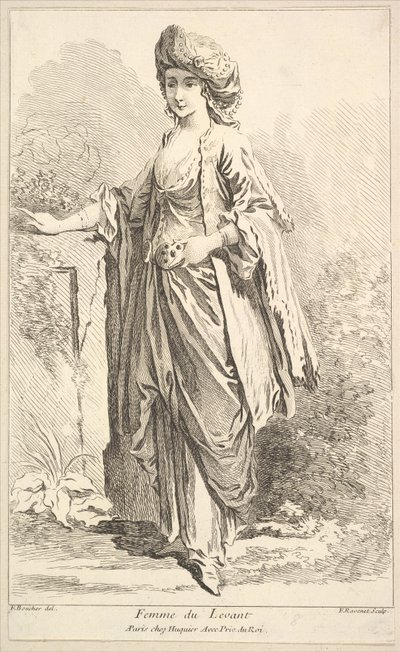 Femme du Levant, aus Recueil de diverses figures étrangères Inventées par F. Bouc..., 18. Jahrhundert von Simon Francois Ravenet