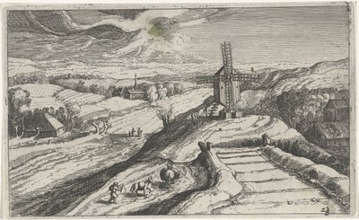Hügellandschaft mit einer Windmühle von Simon Frisius (attributed to)