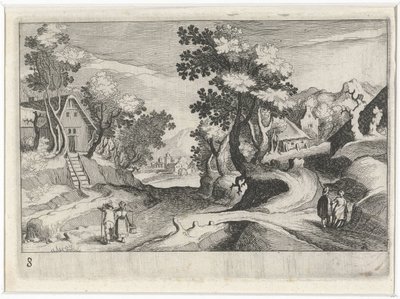 Waldreiche Hügellandschaft mit Gebäuden und Figuren von Simon Frisius