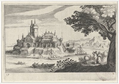 Hügellandschaft mit einer Burg auf einer Insel von Simon Frisius