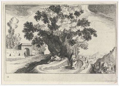 Hügellandschaft mit liebenden Figuren unter einem Baum von Simon Frisius