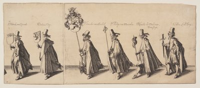 Prozession von sechs Personen, angeführt von einem Pferd, aus Das Begräbnis von Brederode von Simon Frisius