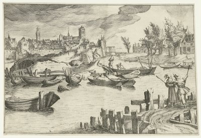 Flusslandschaft mit einer Stadt im Hintergrund von Simon Frisius