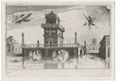 Stadtansicht mit Ikarus und Daedalus von Simon Frisius