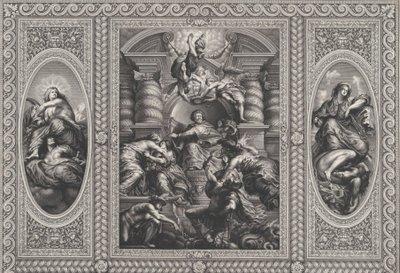 James I ernennt Charles zum König von Schottland in der Mitte, Minerva durchbohrt Unwissenheit rechts, 1720 von Simon Gribelin