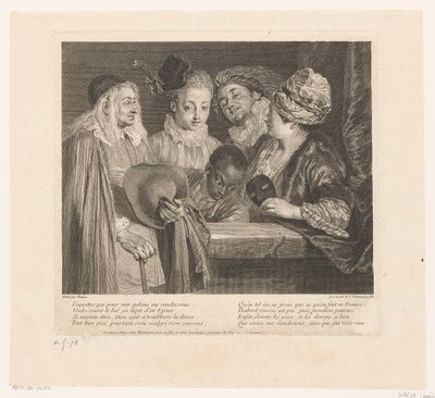 Gesellschaft von fünf Schauspielern bei einem Parapet Oeuvre von Antoine Watteau (Serientitel) von Simon Henri Thomassin