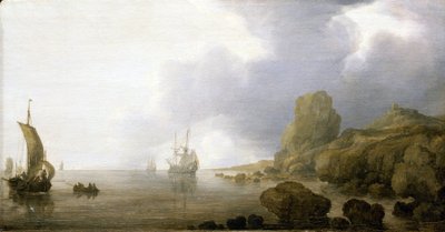 Boote in den flachen Gewässern einer felsigen Bucht, eine romantische und idealisierte Vision von Simon Jacobsz. Vlieger