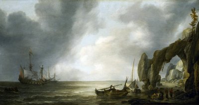 Niederländische Kriegsschiffe vor einer felsigen Küste, einige Besatzungsmitglieder an Land um Fischkörbe versammelt von Simon Jacobsz. Vlieger