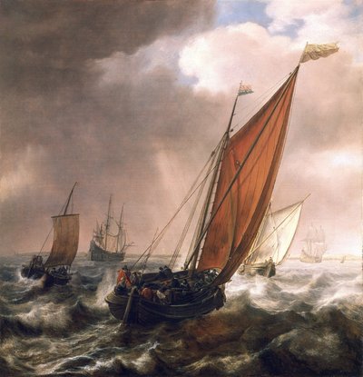 Kleines niederländisches Transportschiff vor der Brise in den ruhigen, flachen Gewässern entlang der Küste, mit der Flagge der Admiraut von Zeeland (Nordosten der Niederlande) sowie der von Holland von Simon Jacobsz. Vlieger