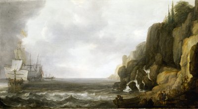 Versorgung eines Geschwaders niederländischer Kriegsschiffe, die vor einer felsigen Küste ankern, mehrere Matrosen sind am Strand gruppiert von Simon Jacobsz. Vlieger
