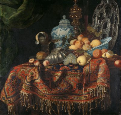 Stillleben mit Früchten, Tellern und Schalen auf einem türkischen Teppich von Simon Luttichuys (attributed to)