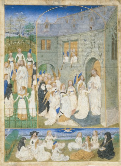 Die heiligen Jungfrauen werden von Christus begrüßt, als sie die Tore des Paradieses betreten von Simon Marmion