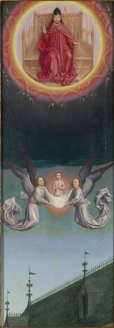 Die Seele des Heiligen Bertin wird zu Gott getragen vom St. Bertin Altarbild, ca. 1459 von Simon Marmion