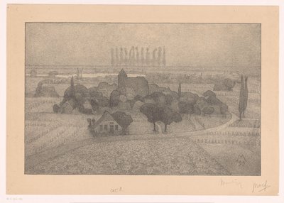Landschaft mit Dorf an einem Fluss (Schemering) von Simon Moulijn (signed by artist)