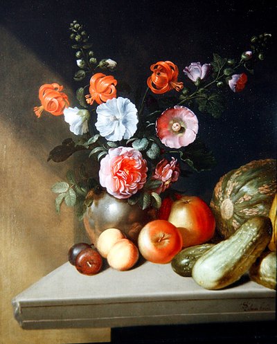 Ein Stillleben mit Rosen, Rittersporn und Lilien von Simon Peter Tilmann
