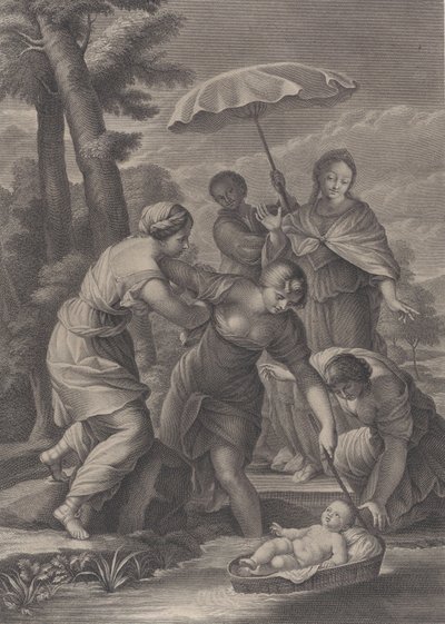 Drei Frauen ziehen den Korb mit dem Säugling Moses aus dem Wasser von Simon Vallee