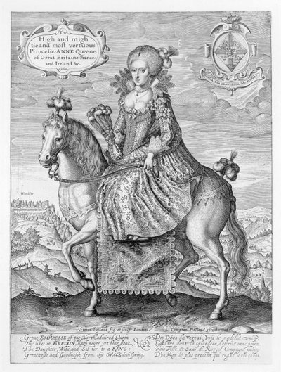 Reiterporträt von Anne von Dänemark (1574-1619) graviert vom Künstler, veröffentlicht von Compton Holland, 1616 von Simon de Passe