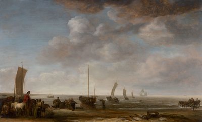 Fischer und andere Figuren am Strand von Simon de Vlieger