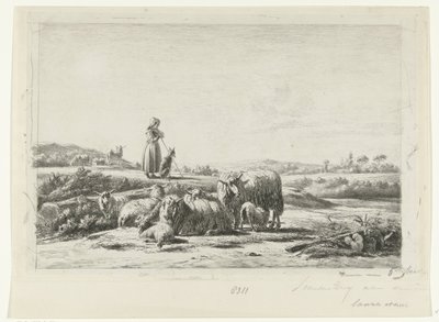 Landschaft mit Schäferin und Hund bei einer Schafherde von Simon van den Berg