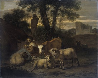 Italienische Landschaft mit Schäferin und Herden von Simon van der Does