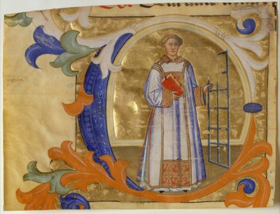 Manuskript-Illumination mit dem heiligen Laurentius in einem Initial C, aus einem Graduale, Italien, ca. 1380-90 von Simone Camaldolese