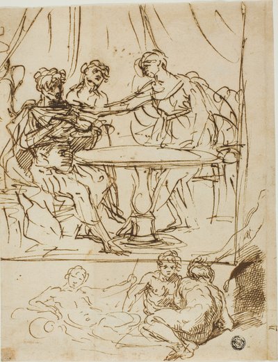 Judith mit dem Kopf des Holofernes und Skizzen von Flussgöttern (recto); Weiblicher Kopf, nach oben blickend (verso) von Simone Cantarini