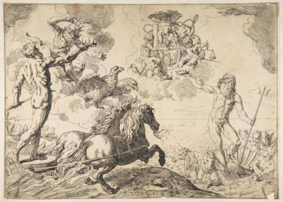 Jupiter, Neptun und Pluto bieten ihre Kronen den Waffen von Kardinal Borghese an, 1642-43 von Simone Cantarini