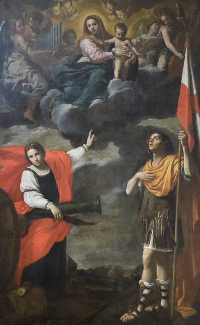Madonna in Herrlichkeit mit dem Kind und den Heiligen Barbara und Terenzio, ca. 1630 von Simone Cantarini