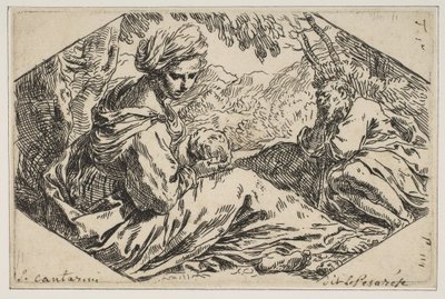 Ruhe in Ägypten, Maria hält und betrachtet das Jesuskind, während St. Joseph, ca. 1637-1639 von Simone Cantarini