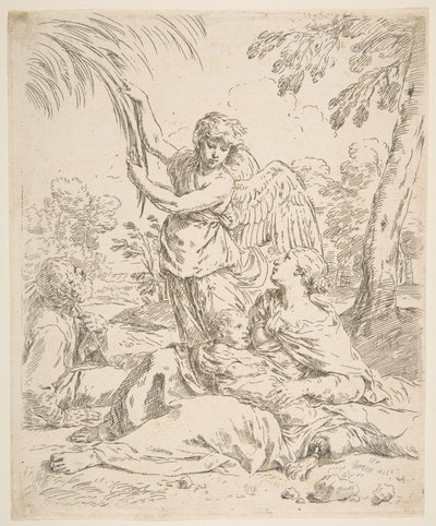 Ruhe in Ägypten, Maria stillt das Christkind, während ein Engel an Baumzweigen zieht, ca. 1639 von Simone Cantarini