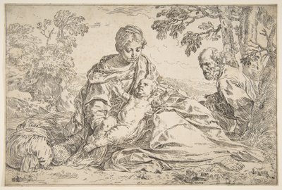 Ruhe auf der Flucht nach Ägypten, Maria hält das Jesuskind mit St. Joseph rechts, ca. 1640 von Simone Cantarini