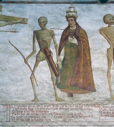 Der Tod fordert den Papst zum Tanz auf (Detail) aus dem Totentanz von Simone II Baschenis