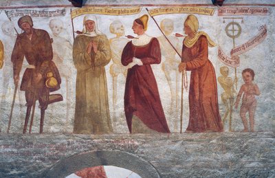 Der Tod mit dem Lahmen, der Nonne, der jungen Frau, der alten Frau und dem Kind, Detail aus dem Totentanz von Simone II Baschenis