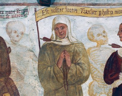 Der Tod mit der Nonne, Detail aus dem Totentanz von Simone II Baschenis