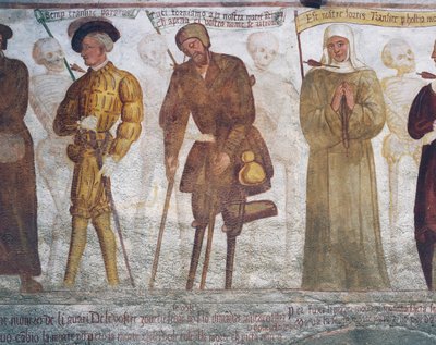 Tod mit dem jungen Mann, dem Bettler und der Nonne (Detail) von Simone II Baschenis