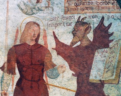 Der Erzengel Michael und der Teufel mit dem Buch der sieben Todsünden (Detail) von Simone II Baschenis