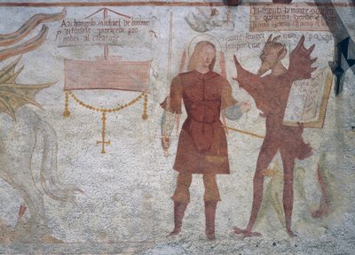 Der Erzengel Michael und der Teufel mit dem Buch der sieben Todsünden (Detail) von Simone II Baschenis