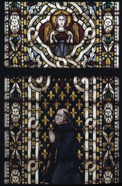 Kardinal Gentil von Montefiore kniet - Glasmalerei von Simone Martini, Basilika von St. Franziskus von Assisi, Unterkirche, Kapelle von St. Louis, Assisi von Simone Martini