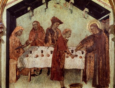 Louis bedient die Mönche am Tisch, Detail aus dem Leben von Louis von Toulouse, aus der Predella von Saint Louis Bischof von Toulouse, der seinen Bruder Robert von Anjou, König von Neapel, krönt von Simone Martini