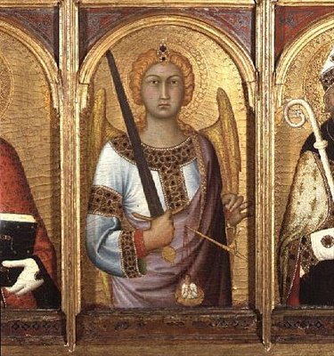 St. Michael, Detail vom Altarbild der SS Geminianus, Michael und Augustine, ca. 1319 (Detail) von Simone Martini