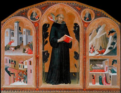 Der italienische Mönch Agostino Novello, genannt Panormitano, und die Darstellung von vier seiner Wunder. Von links nach rechts und von oben nach unten: das Kind wird von einem Wolf angegriffen, der Ritter stürzt in die Schlucht, das Kind fällt vom Balkon, von Simone Martini