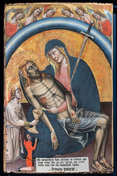 Beweinung Christi mit dem Auftraggeber Iohannes de Elthinl, von Simone dei Crocifissi, ca. 1368. Die Jungfrau wird als Unsere Liebe Frau der Schmerzen dargestellt, mit einem Schwert in ihrem Herzen. von Simone dei Crocifissi