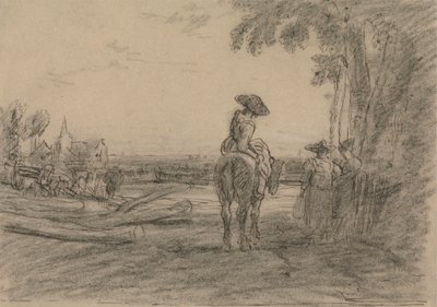 Frau auf einem Pferd mit zwei stehenden Frauen, die eine Landschaft überblicken von Sir Augustus Wall Callcott