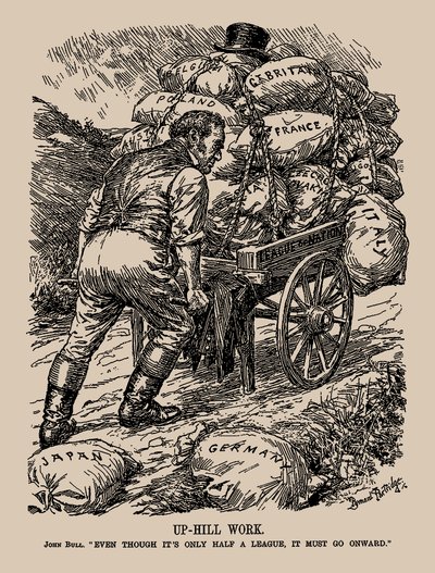 Schwere Arbeit. John Bull. Obwohl es nur eine halbe Liga ist, muss es weitergehen, 1935 von Sir Bernard Partridge