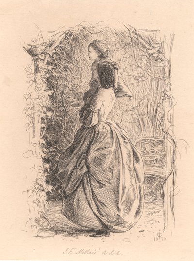 Fröhliche Frühlingszeit. Frau und Kind schauen auf Vogel im Nest. von Sir John Everett Millais
