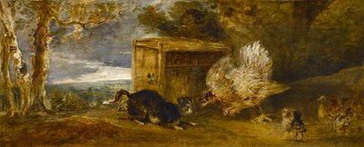 Eine Henne verteidigt ihre Küken gegen den Angriff einer Katze von Sir Peter Francis Bourgeois